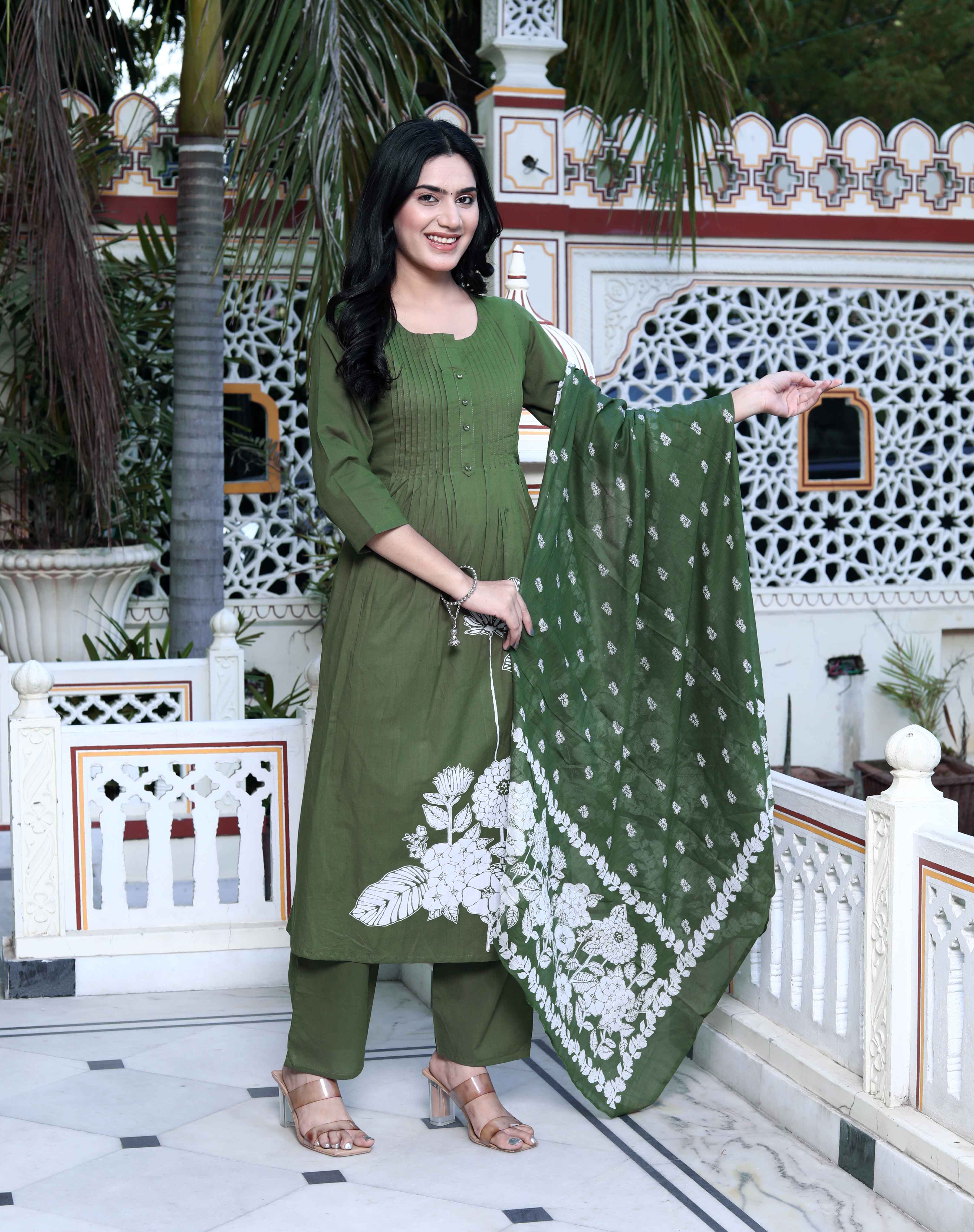 Mehandi Floral Cotton Kurta with Palazzo & Dupatta Set